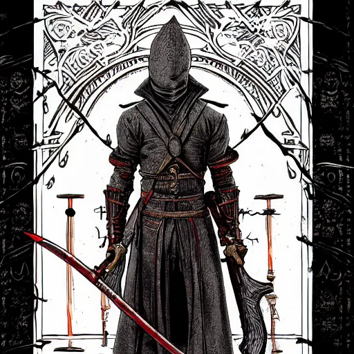 Image similar to Tarot Card of Male Victorian Gothic Ninja, hd, intricate, bloodborne, 8k, digital art