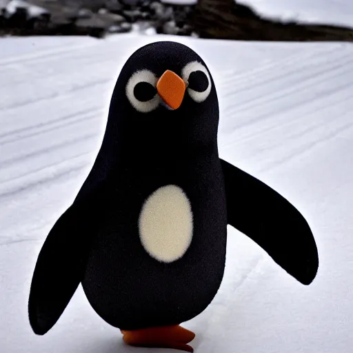 Image similar to pinching hand emoji in front of a sad penguin, the penguin is crying, high resolution photo