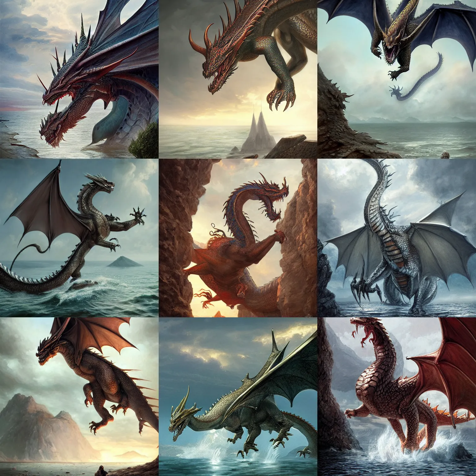 Prompt: dragon comes out from the Balaton lake, detailed, photorealistic, hyperdetailed, drawing by Munkácsi, Greg Rutkowski, Tolkien, michael komarck and J.Dickenson