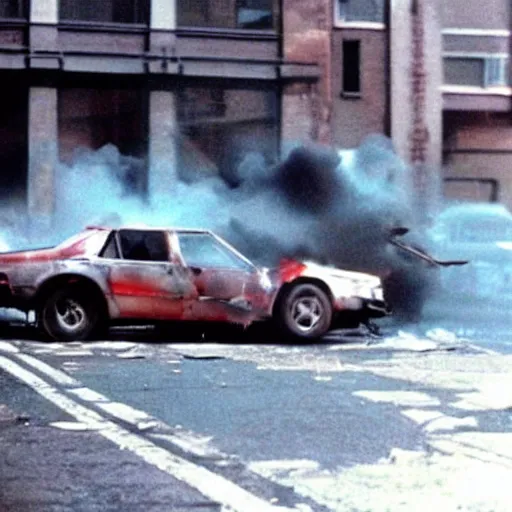 Prompt: film still, explosion of a 1980 car, in American Psycho