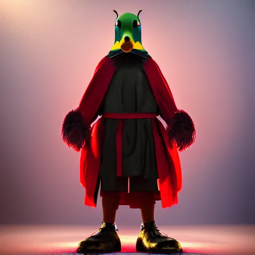 Image similar to photorealistic cute mallard duck, wearing cultist red robe, standing at an altar, black feathers, glowing arcane eyes, very detailed black feathers, ultra detailed, cgi, photorealistic, unreal engine 5, nft portrait, 3 d, digital art, 8 k, octane render, trending on art station