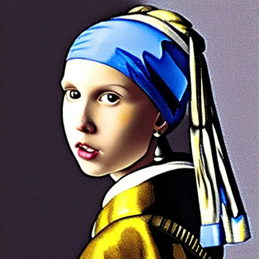 Image similar to Millie Bobby Brown with the pearl earring by Johannes Vermeer