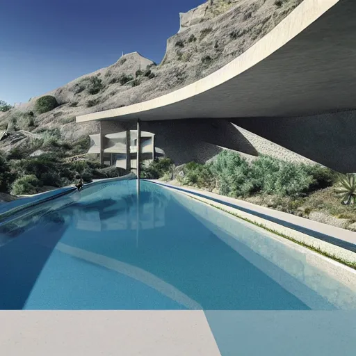 Image similar to architectural rendering of biophilia brutalism building in the desert, pool, garden