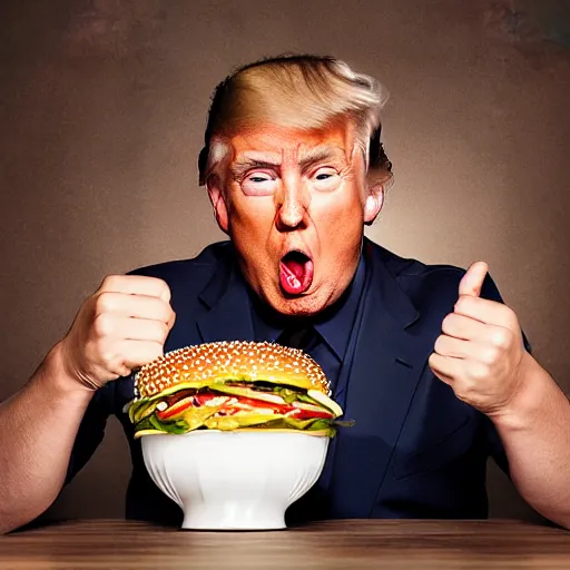 Prompt: donald trump eating an entire bowl filled with burgers, studio portrait photo, studio lighting, key light, food photography