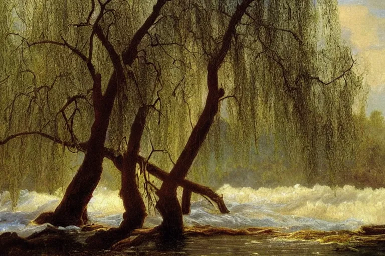 Image similar to oil painting of a detailed willow tree next to a raging river on a sunny day by albert bierstadt