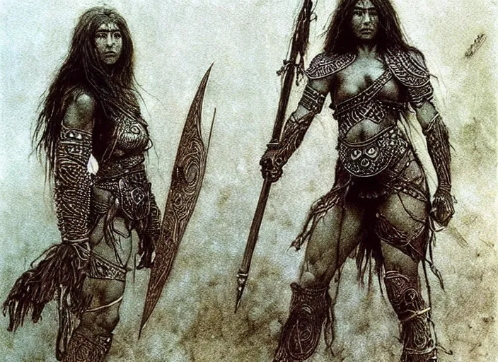 Prompt: young muscular turkic female warriors in tribal painting by Beksinski, Luis Royo, Arthur Rackham