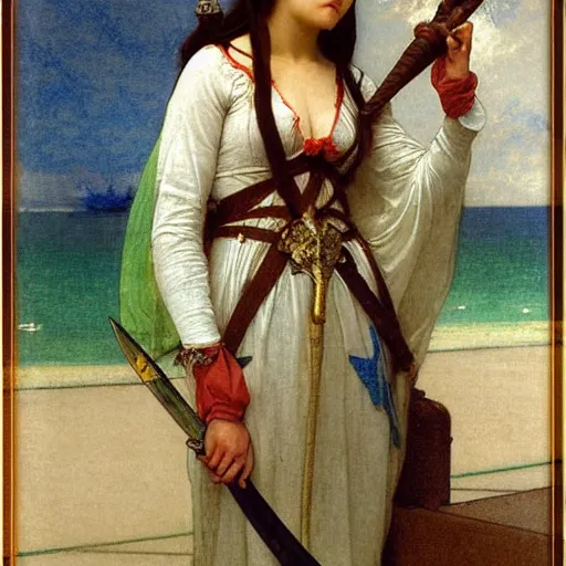 Image similar to A girl with jester clothes and a sword on the front of a Balustrade with a beach on the background, major arcana clothes, by paul delaroche, alphonse mucha and arnold böcklin arnold böcklin hyperrealistic 8k, very detailed