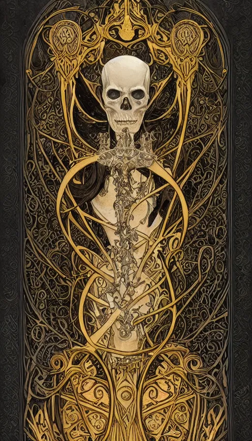 Image similar to a skeleton in a black cloak, highly detailed, very intricate, art nouveau, gold filigree, left right symmetry, tarot concept art watercolor illustration by mandy jurgens and alphonse mucha and alena aenami, featured on artstation