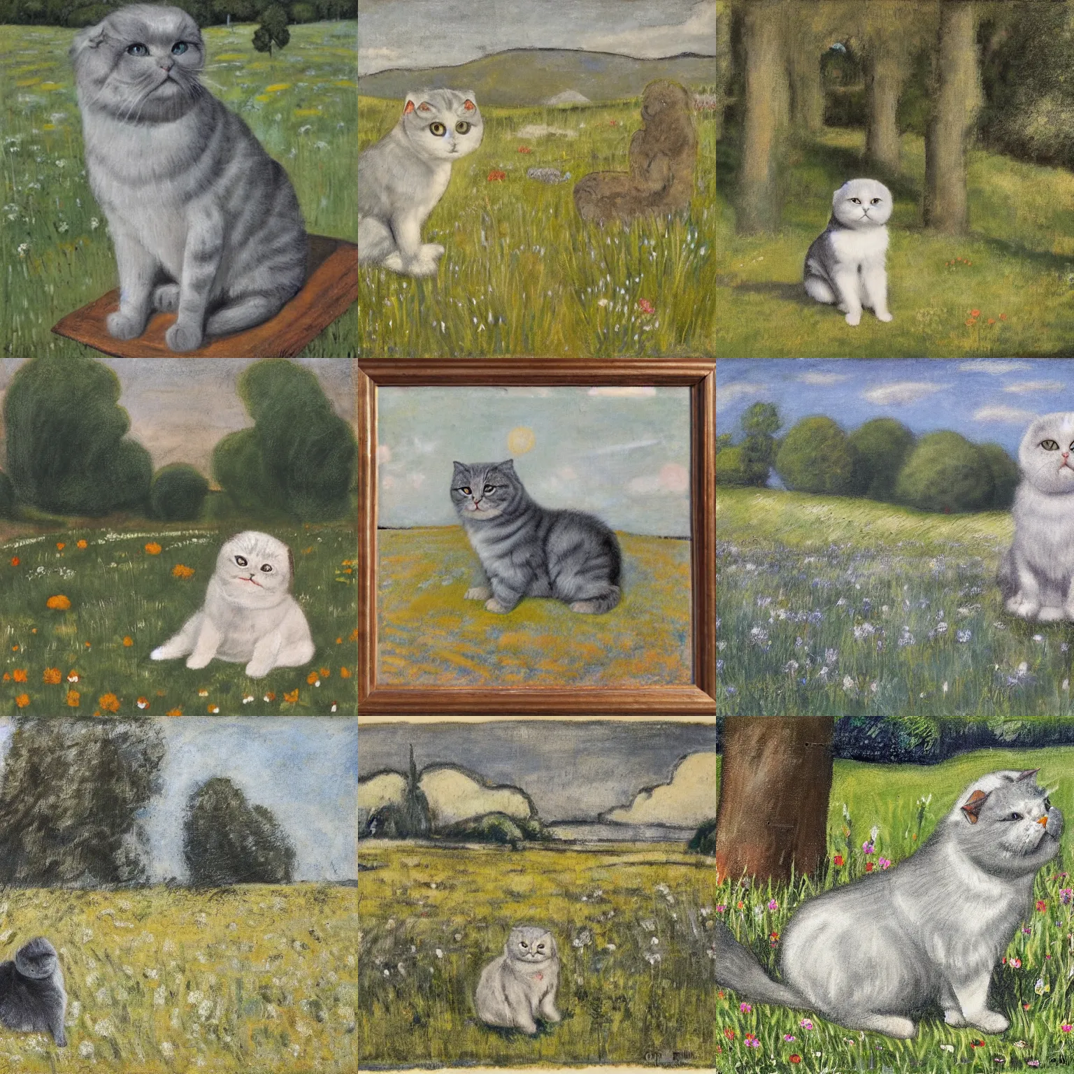 Prompt: a gray scottish fold sitting in the middle of sunny meadow, by christian rohlfs