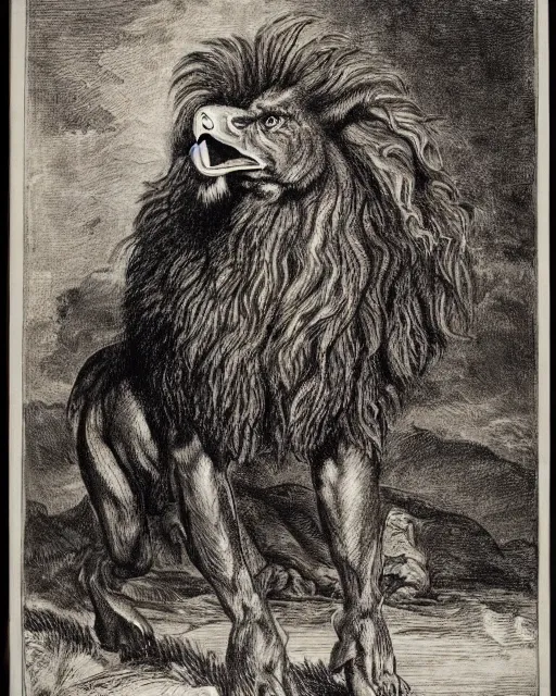 Image similar to a creature with the body and eyes of a man, with the beak of an eagle, the mane of a lion, and the horns of an ox. drawn by francis bacon