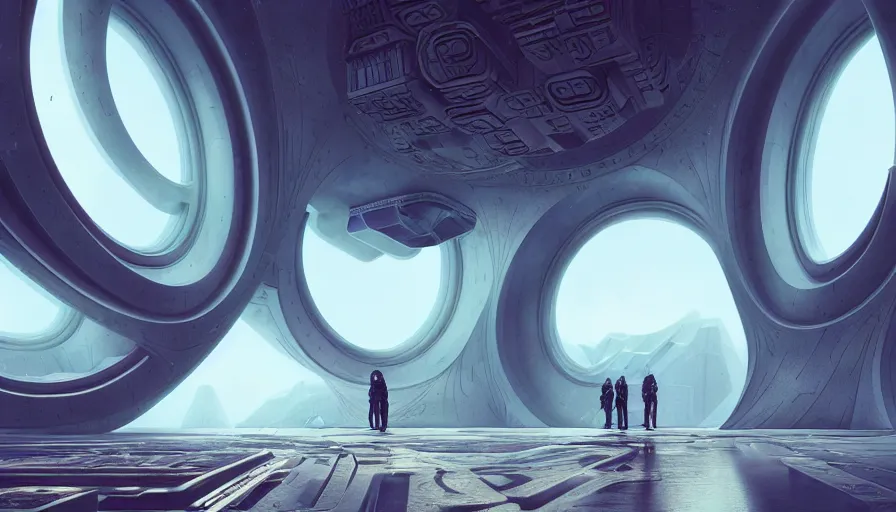 Image similar to the inside of a monument with space motifs, by tim blandin and arthur haas and bruce pennington and john schoenherr, big windows architecture by zaha hadid, octane render, cinematic, scenery, cgsociety, modernism, futuristic, trending on artstation, sci - fi, high detail, high quality, close up angle, people walking