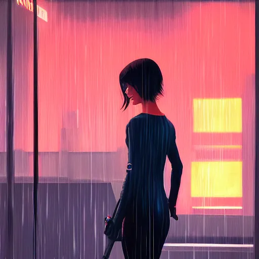 Image similar to a beautiful painting artwork of a woman on a rainy night, cyberpunk, by ilya kuvshinov featured on artstation