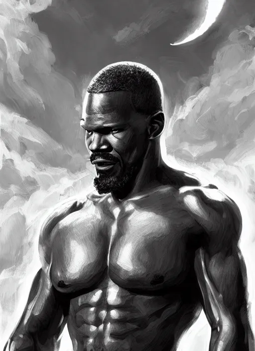Prompt: a highly detailed illustration of Jamie Foxx as a bearded short fade hair african warrior god of lightning, evil floating pose, moonlit clouds background, muscular, intricate, elegant, highly detailed, centered, digital painting, artstation, concept art, smooth, sharp focus, league of legends concept art, WLOP