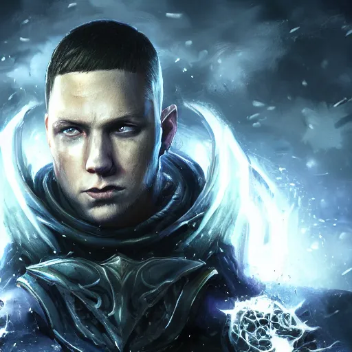 Image similar to portrait of eminem as a spellcaster, league of legends amazing splashscreen artwork, gears of war, splash art, natural light, elegant, photorealistic facial features, intricate, fantasy, detailed face, atmospheric lighting, anamorphic lens flare, cinematic lighting, league of legends splash art, hd wallpaper, ultra high details by greg rutkowski