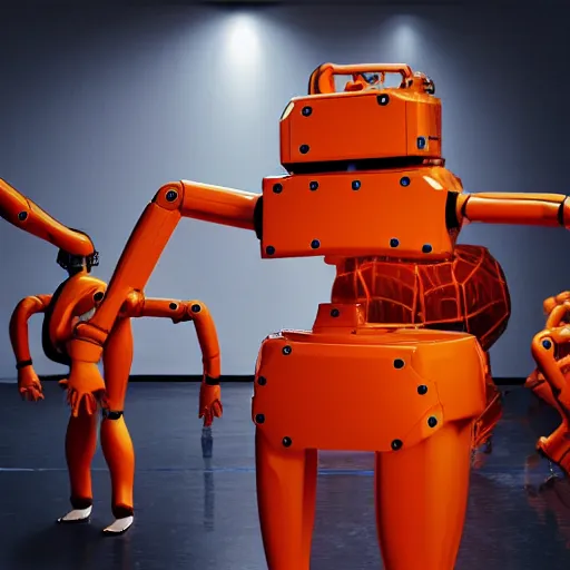 Prompt: photo of contemporary dancers, dancing around an orange kuka servo robot, in uy studio clothing, inside berghain berlin, lowlight, photorealistic, 8 k