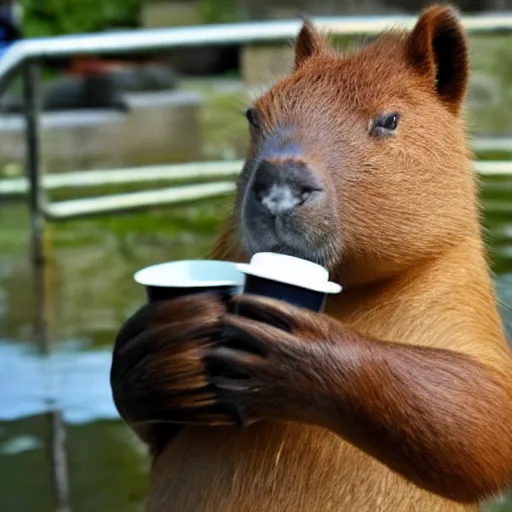 Image similar to capybara policeman drinking coffe