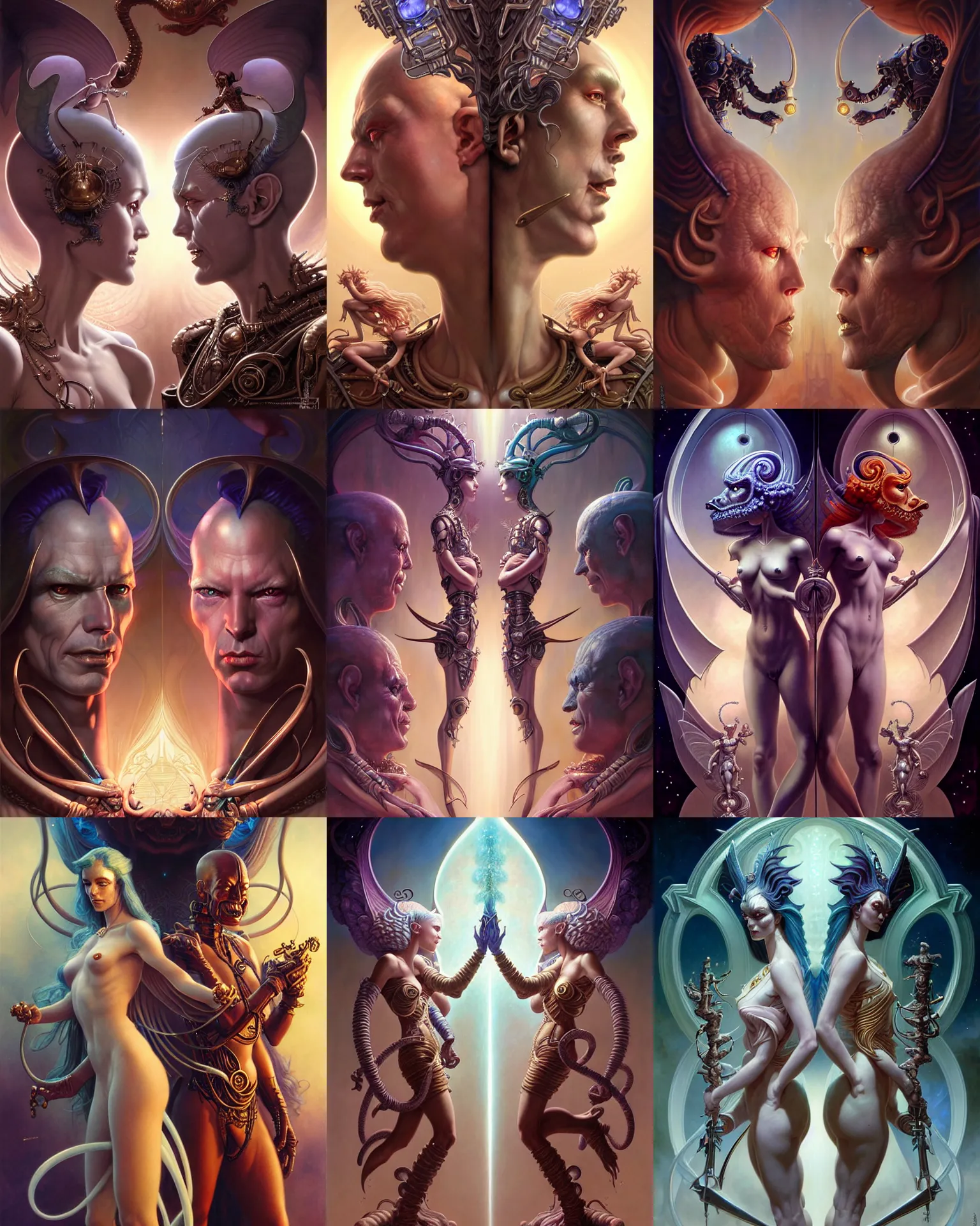 Image similar to beautiful gemini good and evil fantasy character portrait, ultra realistic, wide angle, intricate details, the fifth element artifacts, highly detailed by peter mohrbacher, hajime sorayama, wayne barlowe, boris vallejo, aaron horkey, gaston bussiere, craig mullins