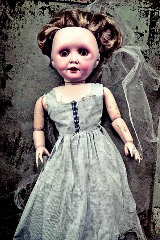 Prompt: dirty cracked screaming vintage doll maggots in eyes in darkly lit dusty basement cobwebs old photo