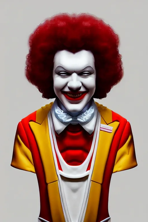 Image similar to a portrait of intergalactic ronald mcdonald, grim - lighting, high - contrast, intricate, elegant, highly detailed, digital painting, artstation, concept art, smooth, sharp focus, illustration