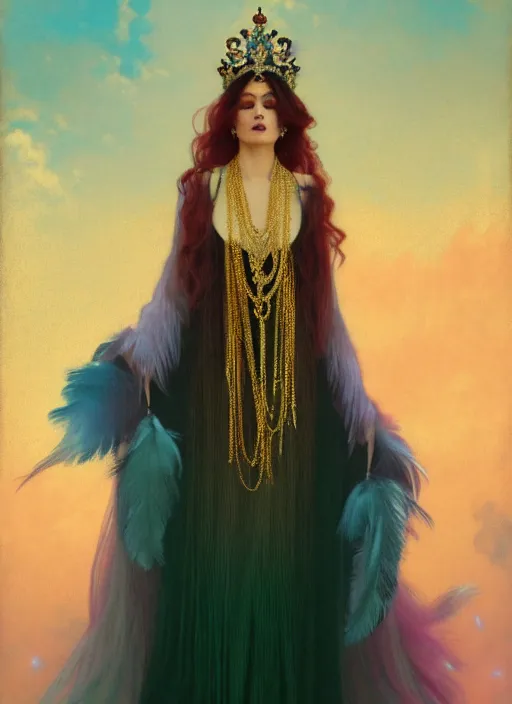 Image similar to ombre velvet gown, feathers, lovely queen, portrait, long hair, small crown, dozens of jeweled necklaces, feral languid woman, by greg rutkowski, anato finnstark, alphonse mucha, global illumination, radiant light