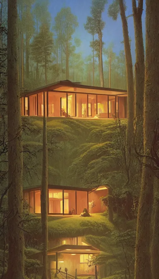 Image similar to cozy ultra modern home in the woods moody lighting, highly detailed, painting by zdzisław beksinski and norman rockwell and greg rutkowskiweta studio, and lucasfilm