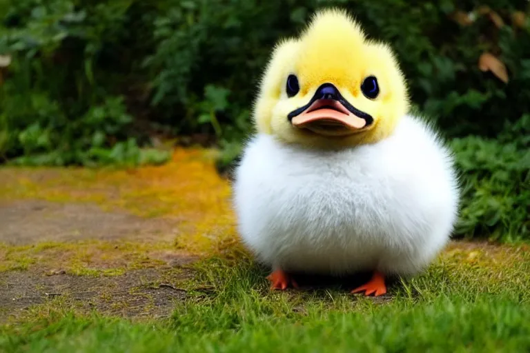 Image similar to real life psyduck pokemon, cute!!!, heroic!!!, adorable!!!, playful!!!, chubby!!! fluffly!!!, happy!!!, cheeky!!!, mischievous!!!, ultra realistic!!!, spring time, slight overcast weather, golden hour, sharp focus