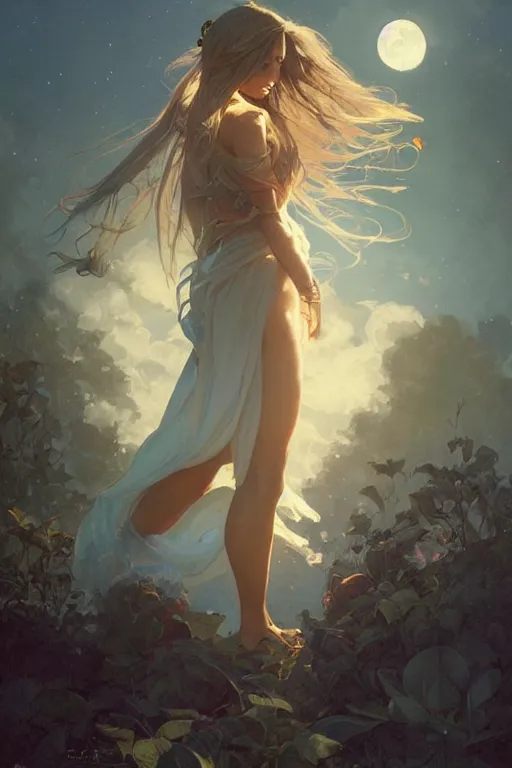 Prompt: fantasy, beautiful leg, long hair, girl, portrait, cloud sky and moon night background, high detail, cinematic lighting, concept art, digital art, illustration, smooth, sharp focus, greg rutkowski, alphonse mucha, loish, wlop, trending on artstation, trending on deviantart