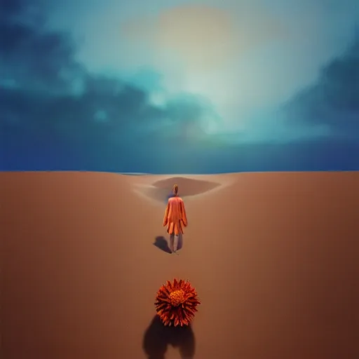 Image similar to closeup giant dahlia flower instead of head, a girl walking between dunes, surreal photography, sunrise, blue sky, dramatic light, impressionist painting, digital painting, artstation, simon stalenhag