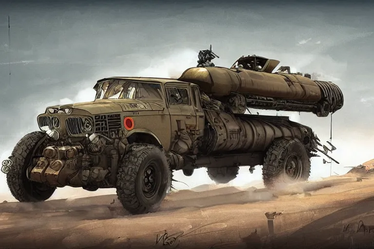 Image similar to dieselpunk digital illustration of mad max's military offroad bmw m 1 ( himars ) by makoto shinkai, ilya kuvshinov, lois van baarle, rossdraws, basquiat