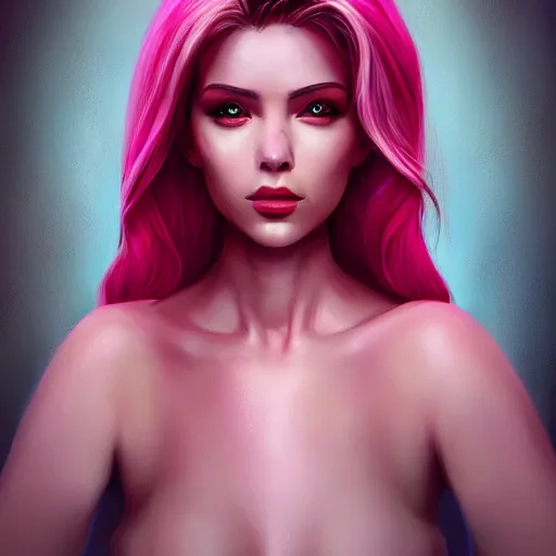 Image similar to a portrait of a beautiful woman with pink hair insane quality, elegant, highly detailed, digital painting, artstation, concept art, pop, smooth, sharp focus, illustration, art by dali 3 d 8 k ultra detailed