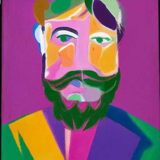Prompt: bearded beautiful man, broad brush, dry brush, purple, white, green colour scheme oil on canvas, by joshua miels, willem de kooning, giorgio griffa