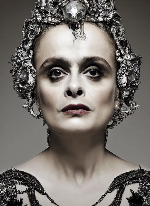 Image similar to a portrait of helena bonham carter by erwin olaf and nekro borja, photorealistic, intricate details, hyper realistic, dark fantasy, rococo onyx headpiece, crystals, photorealistic, canon r 3, photography, symmetrical features, symmetrical pose, wide angle shot, head to toe, standing pose, feet on the ground,