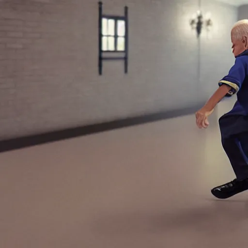 Image similar to joe biden chasing a child in the backrooms, hyper - realistic, 4 k, octane - render, realistic.