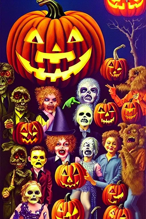 Prompt: a hyperrealistic painting of a vintage halloween costume party, cinematic horror by chris cunningham, lisa frank, richard corben, highly detailed, vivid color,