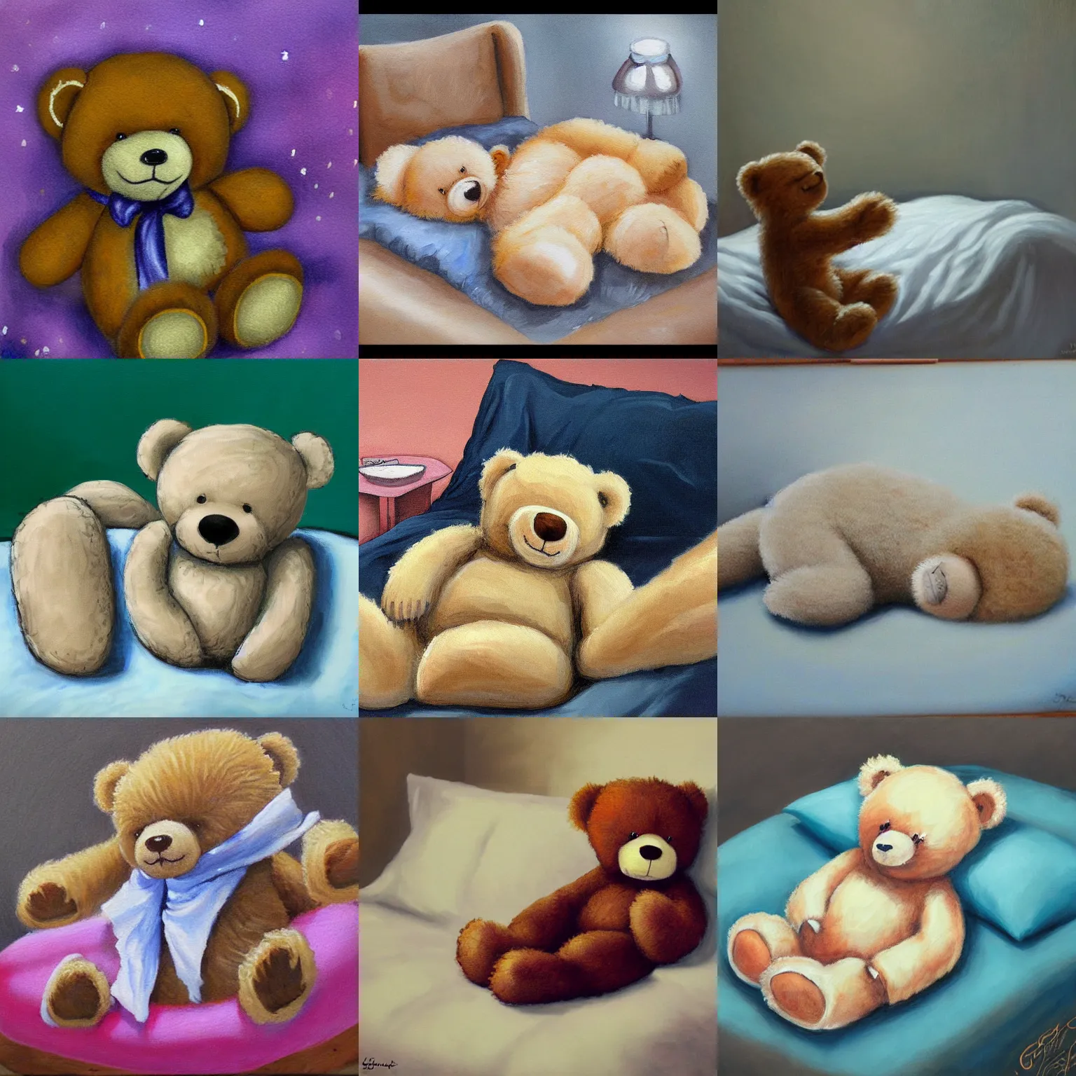 Prompt: a cute teddy bear sleeping in the bed, goauche painting, deviantart