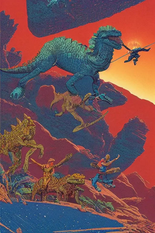 Image similar to beautiful amazons riding dinosaurs on mars against a backdrop of canyons, mercury rainbows in the sky and space fighters shooting, artwork by jean giraud