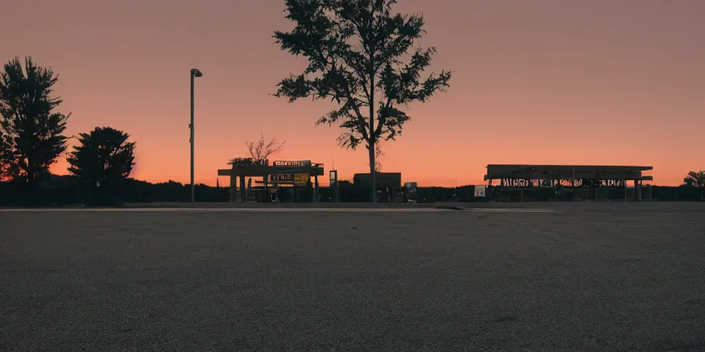 Image similar to a lonely port byron travel plaza in the middle of no where, sunset, eerie vibe, leica, 2 4 mm lens, 3 5 mm kodak film, directed by charlie kaufman, f / 2 2, anamorphic