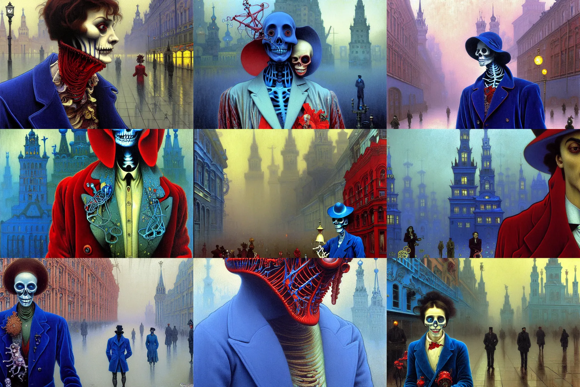 Prompt: realistic detailed closeup portrait painting of a single blue skeleton wearing crimson velvet blazer in a foggy crowded futuristic moscow street by denis villenueve, amano, yves tanguy, alphonse mucha, ernst haeckel, ilya repin, edward robert hughes, andrei tarkovsky, roger dean, rich moody cold colours, closeup