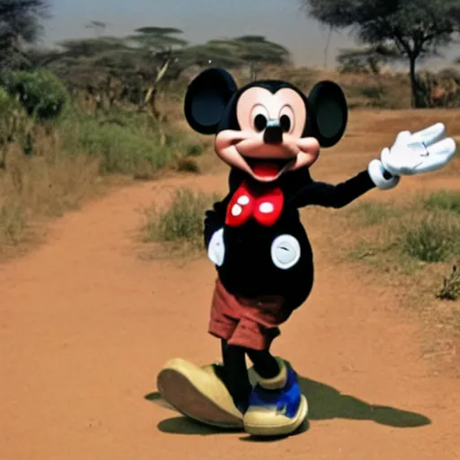 Image similar to Mickey Mouse in Africa helping starving children, photo, BBC