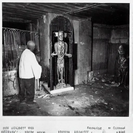 Prompt: a photograph photo security camera footage of insane cultists in a basement feeding a computer shrine to the machine wire god with their blood and tears