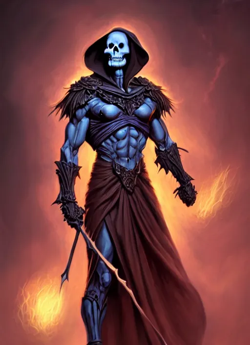 Image similar to skeletor, as a brooding figure of the dark caught in the never - ending push and pull between good and evil diffuse lighting, fantasy, intricate, highly detailed, lifelike, photorealistic, digital painting, artstation, illustration, concept art, smooth, sharp focus, art by john collier and albert aublet and krenz cushart