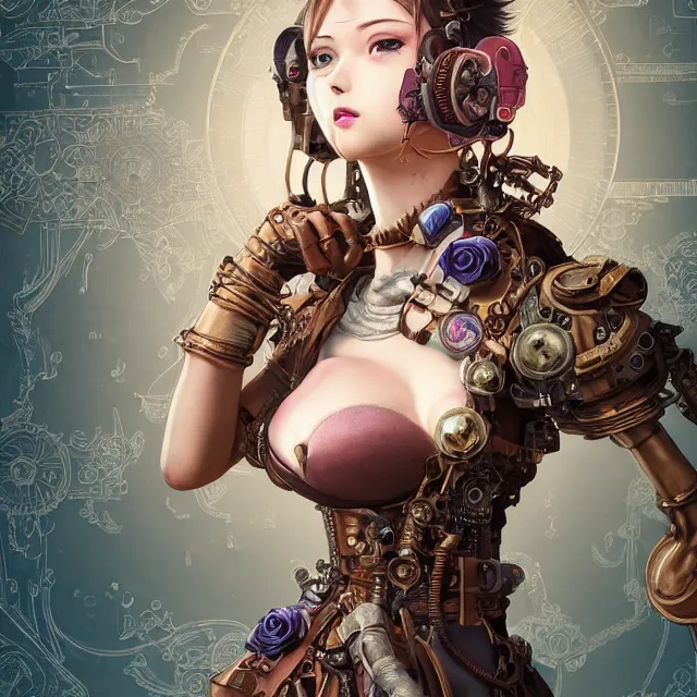 Image similar to the portrait of true neutral semi - colorful female steampunk cyborg mechanist as absurdly beautiful, gorgeous, elegant, young gravure idol, an ultrafine hyperdetailed illustration by kim jung gi, irakli nadar, intricate linework, bright colors, octopath traveler, final fantasy, unreal engine 5 highly rendered, global illumination, radiant light, detailed and intricate environment