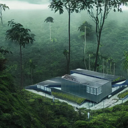 Prompt: extreme wide shot a futuristic containment building in a rainforest valley with a city in the distance, national geographic, hyper realistic, 4 k, harsh light