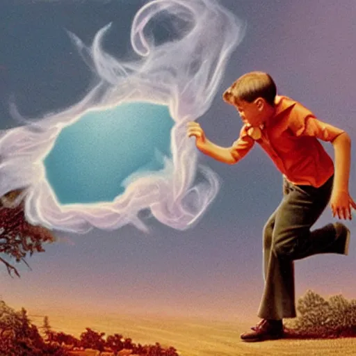 Image similar to a disappearing running child disappearing into vapor, mist, smoke, scissors in hand, sharp scissor blades, a detailed matte painting by John Philip Falter