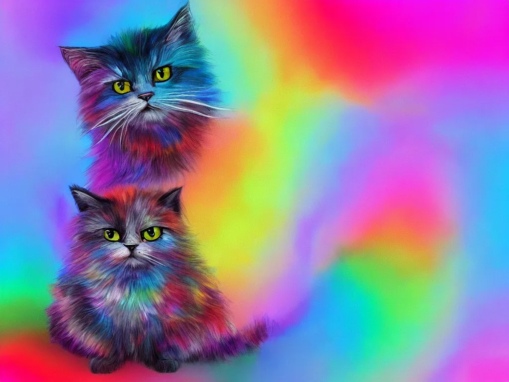 Prompt: cute and funny, rainbow fluffy cat by Rosina Wachtmeister, trend on artstation, vikiart, hyper reailstic, ultra detailed, cinematic, trending on artstation, Ultra detailed, hyper realistic 4k