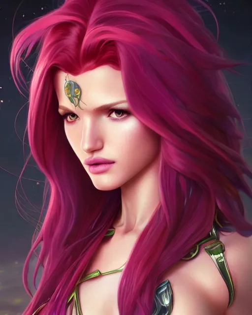 Image similar to ultra realistic illustration, bella thorne as starfire anime, intricate, elegant, highly detailed, digital painting, artstation, concept art, smooth, sharp focus, illustration, art by artgerm and greg rutkowski and alphonse mucha and wlop