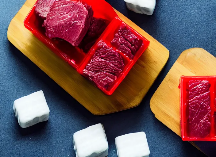 Prompt: dslr food photo still of jello mold with cubes of beef in it, 8 k, 8 5 mm, f 1. 8