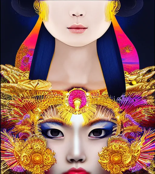 Image similar to hyper realistic portrait photo of beautiful ameterasu the sun goddess of japan, japanese model, portrait shot, intricate detail, glittering sun rays