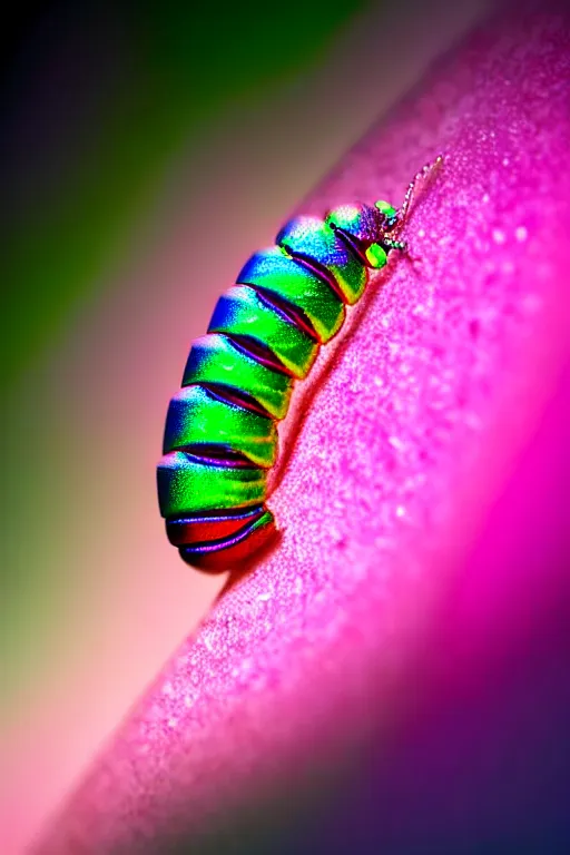 Image similar to high quality macro photo iridescent cyborg caterpillar! cute highly detailed david ligare elson peter cinematic pink lighting high quality low angle hd 8k sharp shallow depth of field