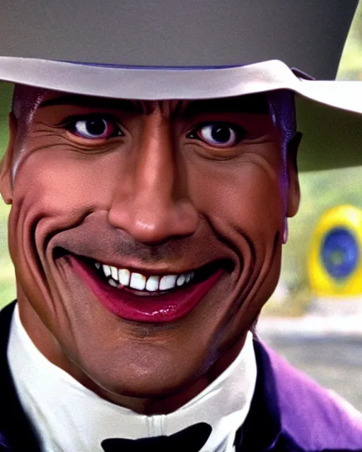 Image similar to Film still close-up shot of Dwayne Johnson as Willy Wonka from the movie Willy Wonka & The Chocolate Factory. Photographic, photography